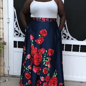 A skirt along with the blue top.